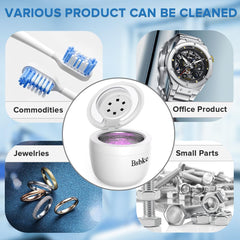 Accessories include denture brush, tweezers, cleaning cloth and non slip base