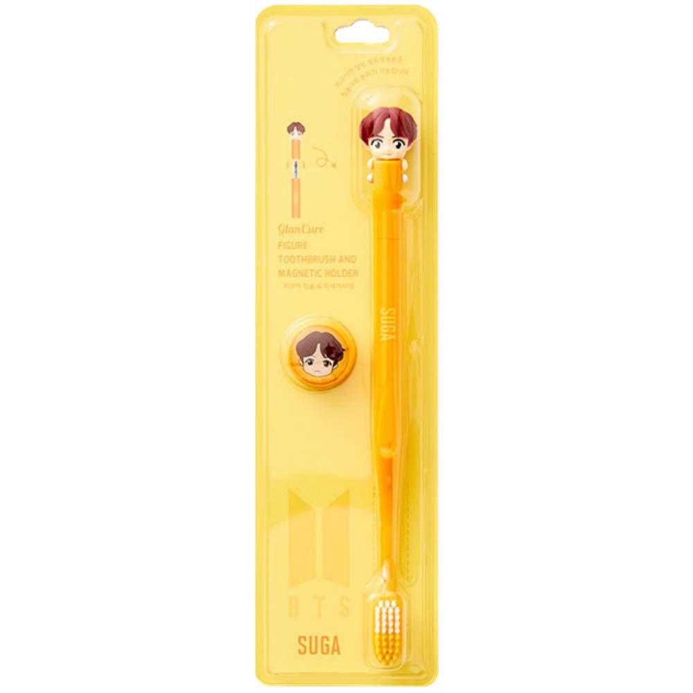 BTS Suga character figure toothbrush with magnetic wall holder - front view