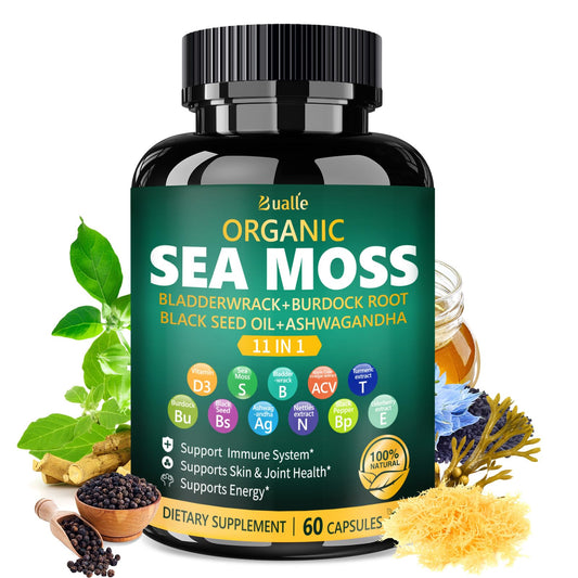 60-count bottle of Bualle Organic Sea Moss Capsules