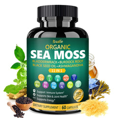 60-count bottle of Bualle Organic Sea Moss Capsules