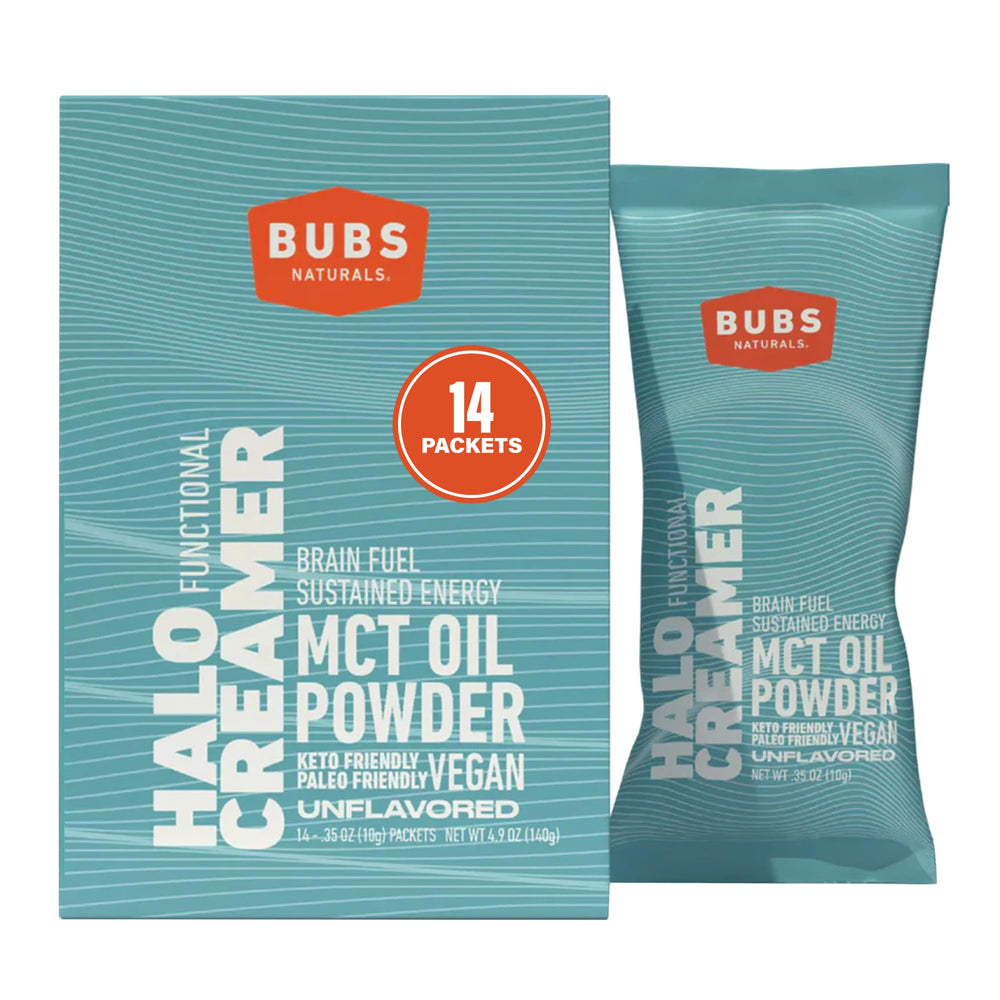 Front view of BUBS Naturals MCT Oil Powder Packets with label
