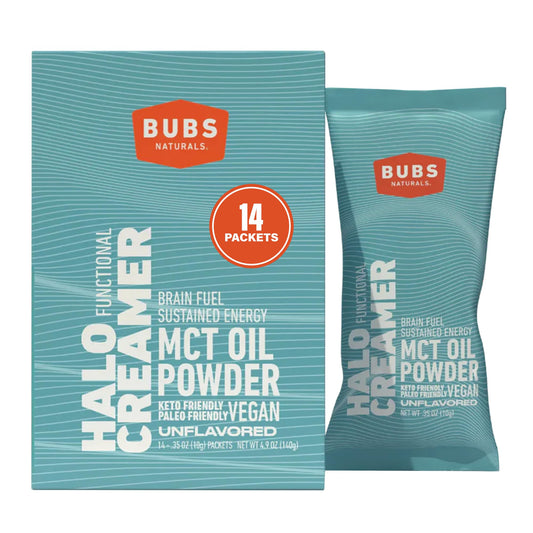 Front view of BUBS Naturals MCT Oil Powder Packets with label