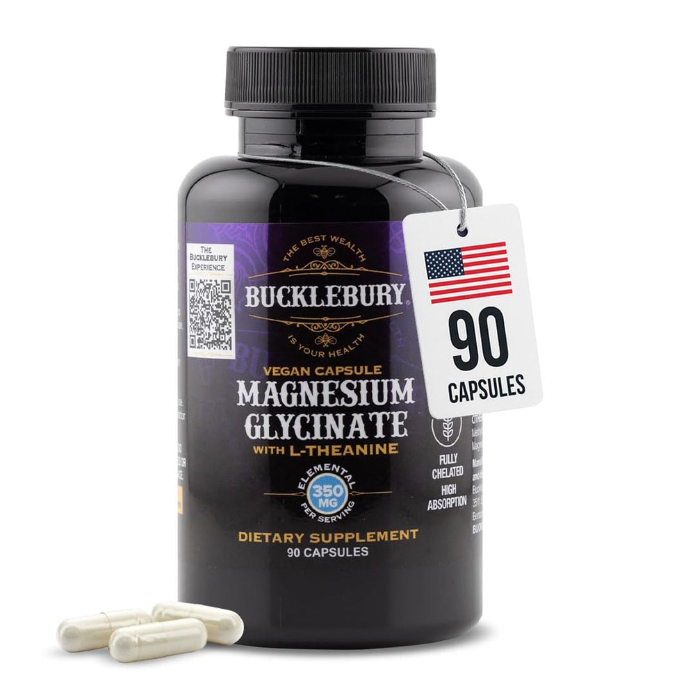 Bottle and capsules of Bucklebury Magnesium Glycinate 350mg with L-Theanine