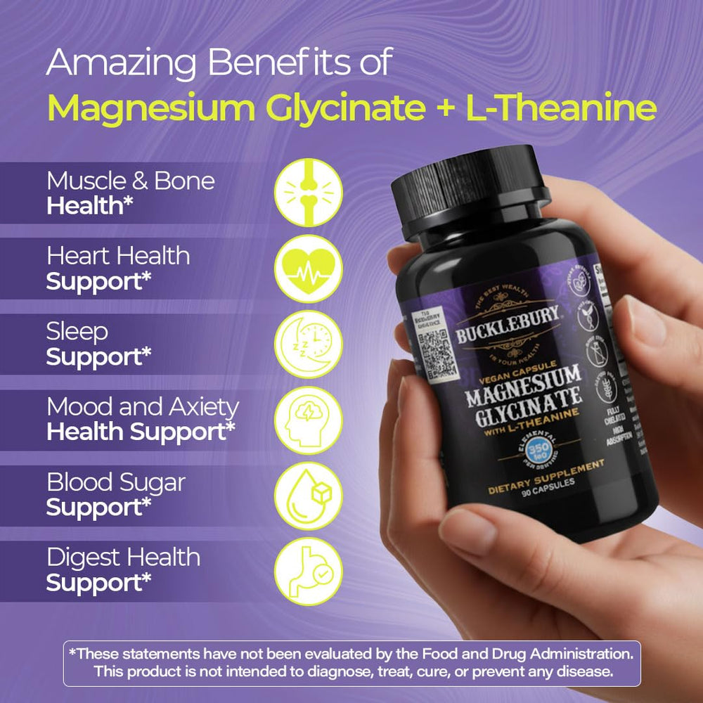 Close-up of Bucklebury Magnesium Glycinate 350mg with L-Theanine bottle