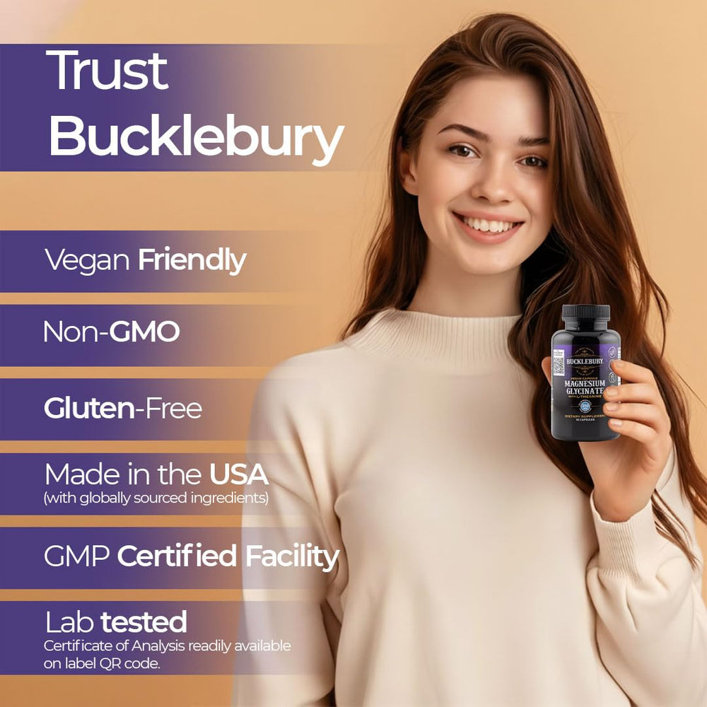 Ingredients and nutrition label for Bucklebury Magnesium Glycinate + L-Theanine