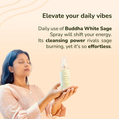 Close-up of Buddha White Sage Spray label highlighting ingredients and 0% alcohol