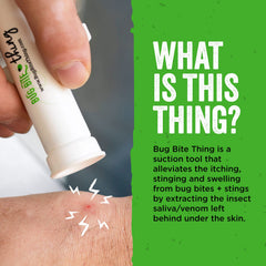 BUG BITE THING suction tool in black pack provides quick sting relief anywhere.