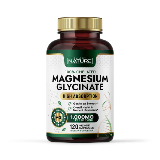 Bottle of Built By Nature Magnesium Glycinate 1000mg - high absorption magnesium glycinate