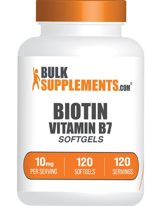 BulkSupplements Biotin 10000mcg Softgels bottle on white