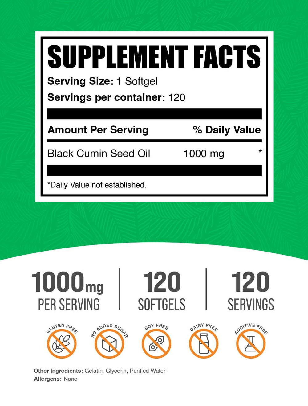 Gluten-free Black Cumin Seed Oil Softgel ingredients on label