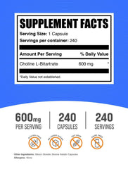 Choline L-Bitartrate capsules serving size two capsules close-up