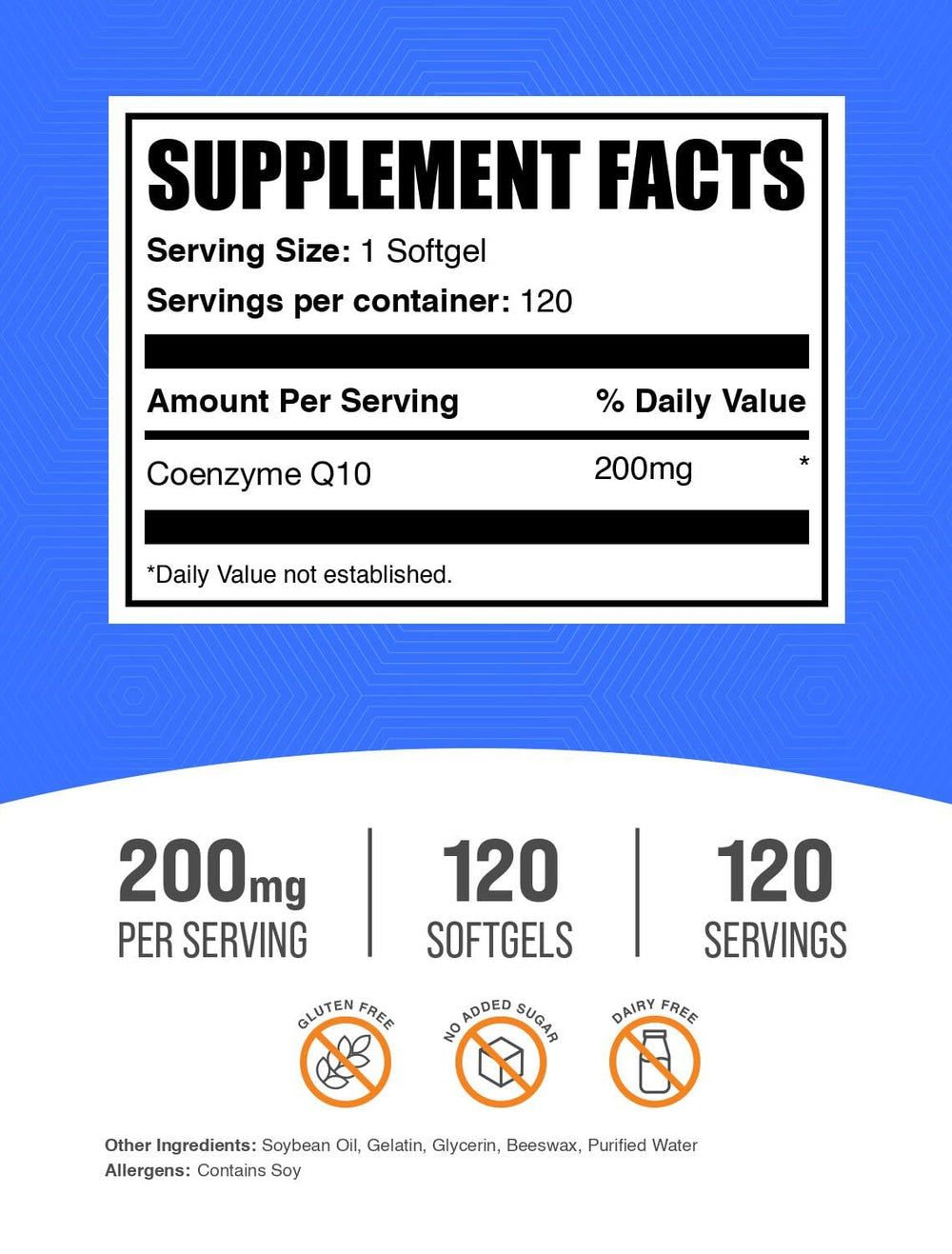 CoQ10 200mg softgels packaging with gluten-free claim