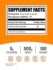 Back of BulkSupplements Creatine Monohydrate 500g container with nutrition facts