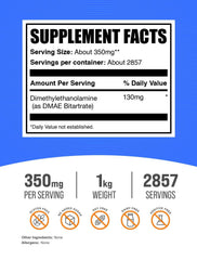 Serving scoop showing 350 mg DMAE per serving for DMAE Bitartrate powder