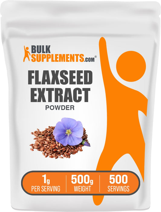 Front view of BulkSupplements Flaxseed Extract Powder 500g package