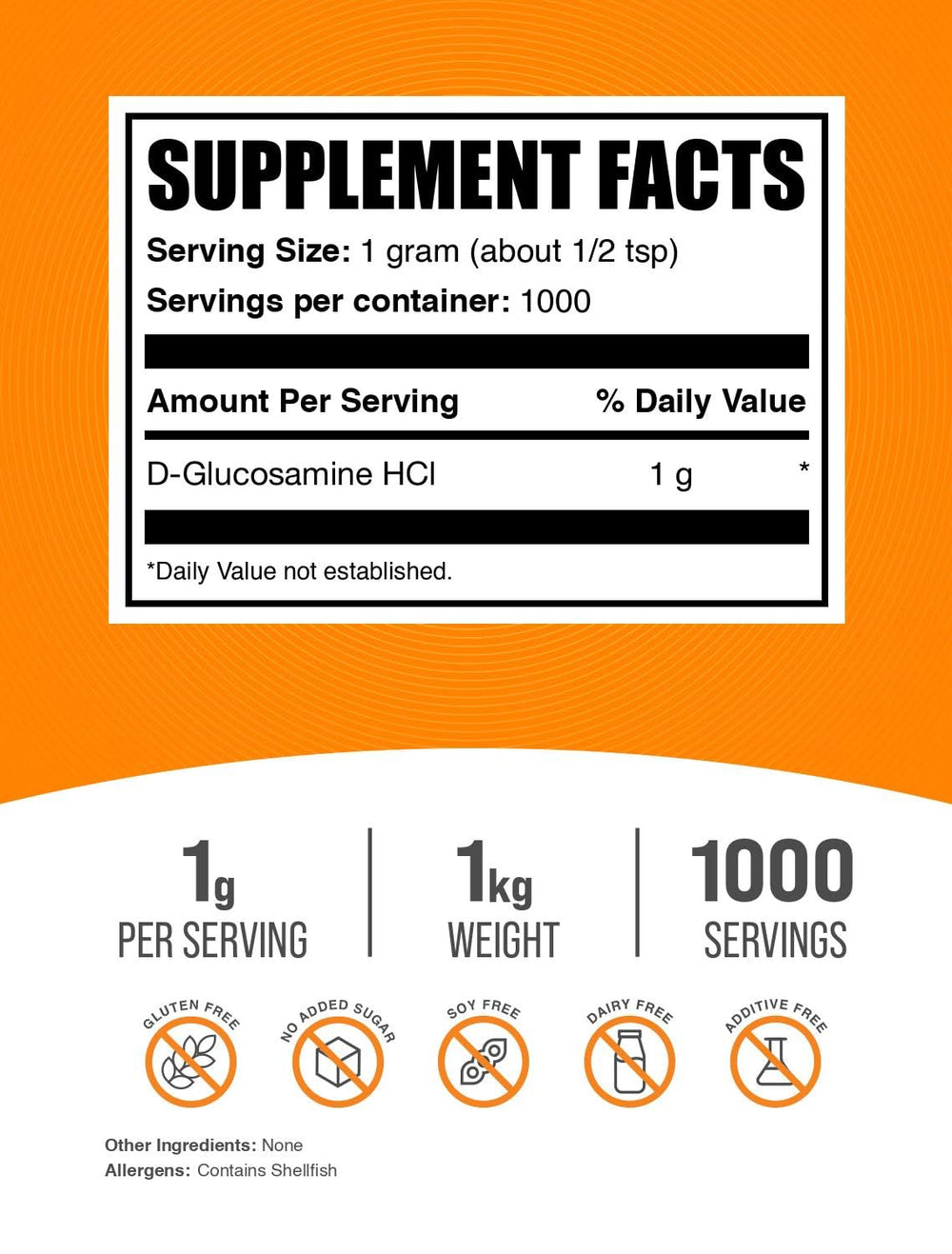 Front view of 1kg container of Glucosamine HCl powder