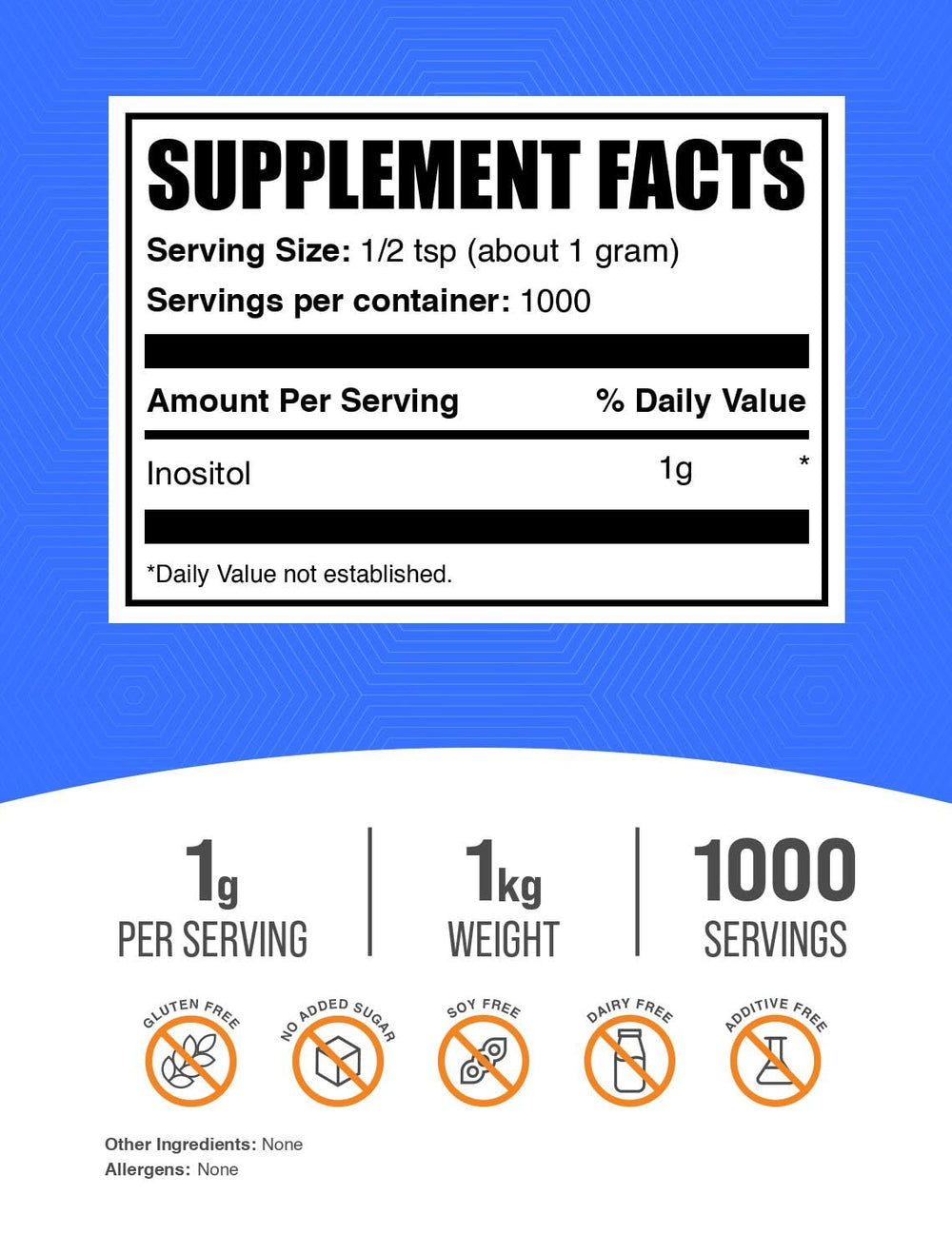 Inositol powder bottle label with ingredient details