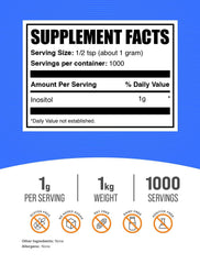 Inositol powder bottle label with ingredient details