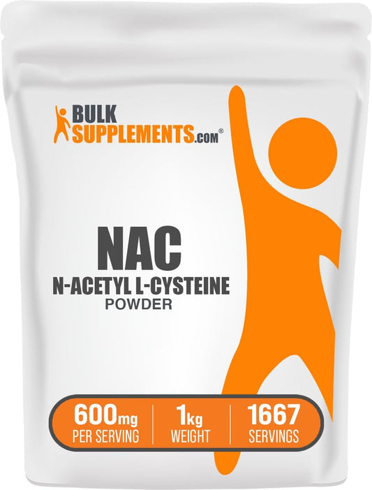 BulkSupplements NAC powder 600mg per serving label on 1kg package