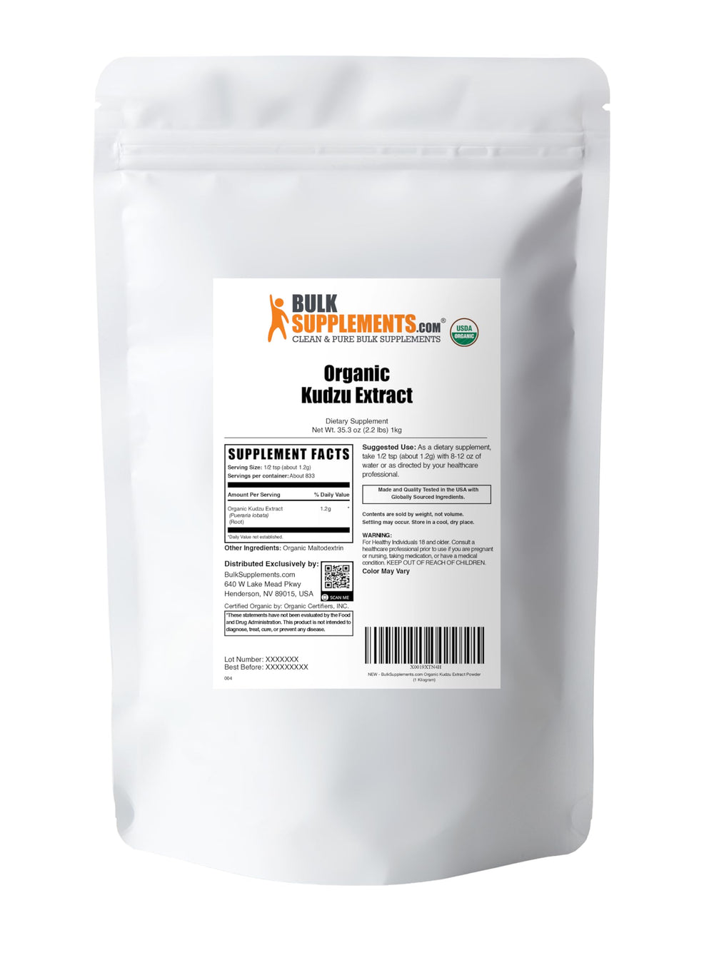 Gluten-free Kudzu Root Extract powder in a bag with scoop