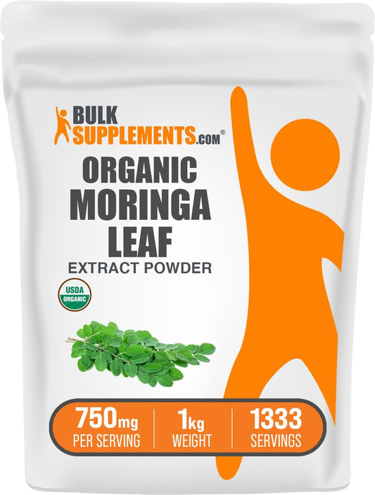 BulkSupplements Organic Moringa Extract Powder label with scoop