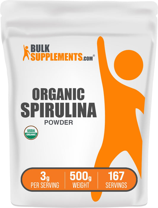 Front view of BulkSupplements Organic Spirulina Powder 500g packaging