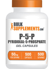 Front view of Pyridoxal 5 Phosphate capsules bottle, 50 mg per capsule, 500-count pack
