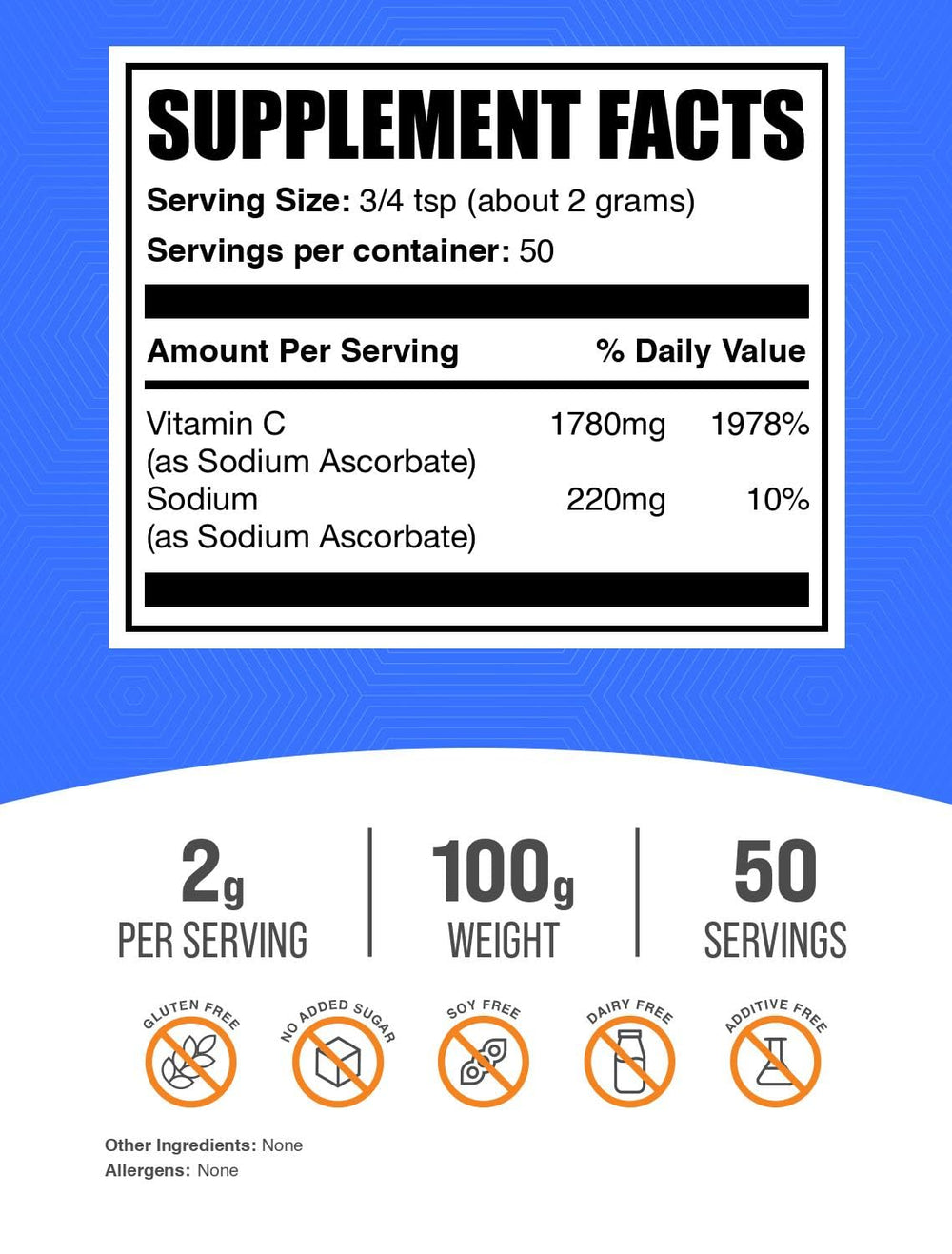 Close-up of BulkSupplements Sodium Ascorbate powder container label