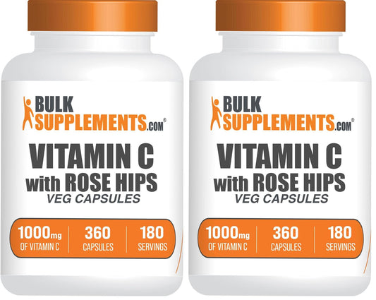 Bottle of Vitamin C 1000mg with Rose Hips capsules for immune support