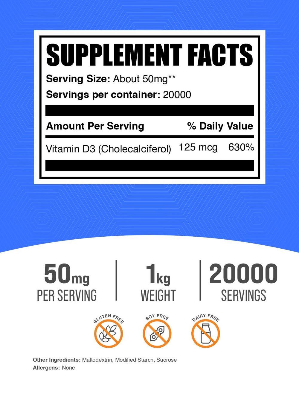 1kg BulkSupplements Vitamin D3 powder with scoop for customizable supplementation.