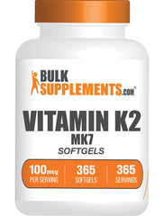 Bottle of BulkSupplements Vitamin K2 MK7 softgels on a white background