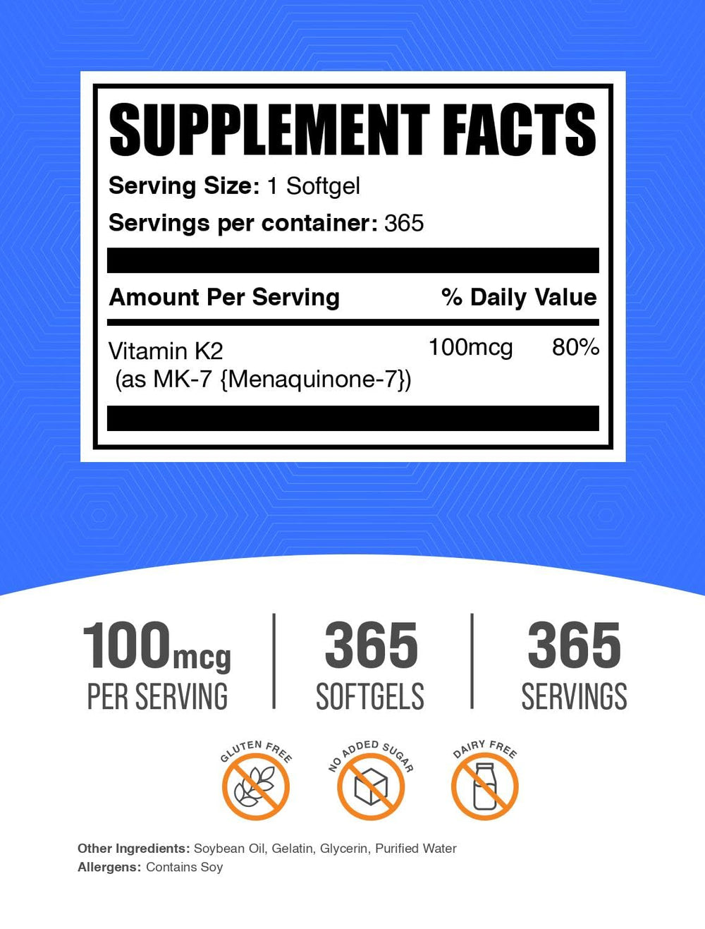 Close-up of Vitamin K2 MK7 softgels bottle label