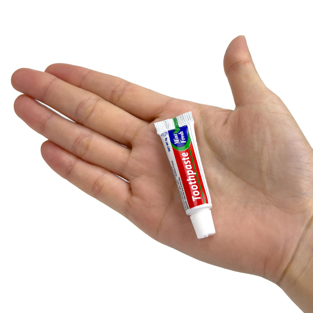 Hotel amenities display showing 200-piece toothpaste set for guests