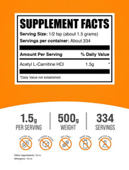 BulkSupplements ALCAR powder with serving scoop demonstrates precise 1.5 g portions.