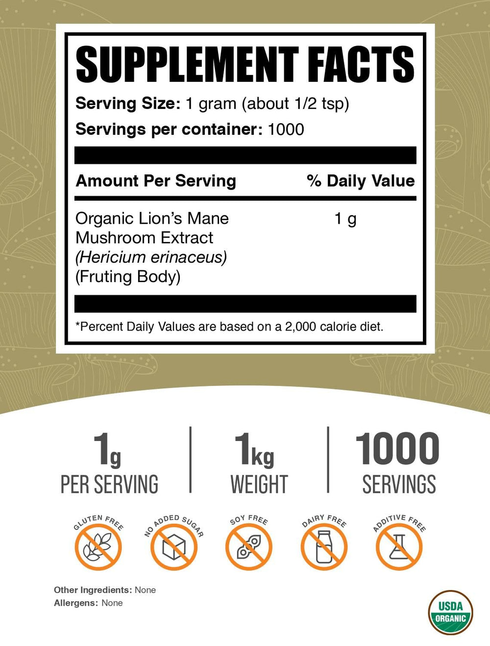 BulkSupplements Lions Mane powder with a scoop highlights versatile mixing into smoothies.