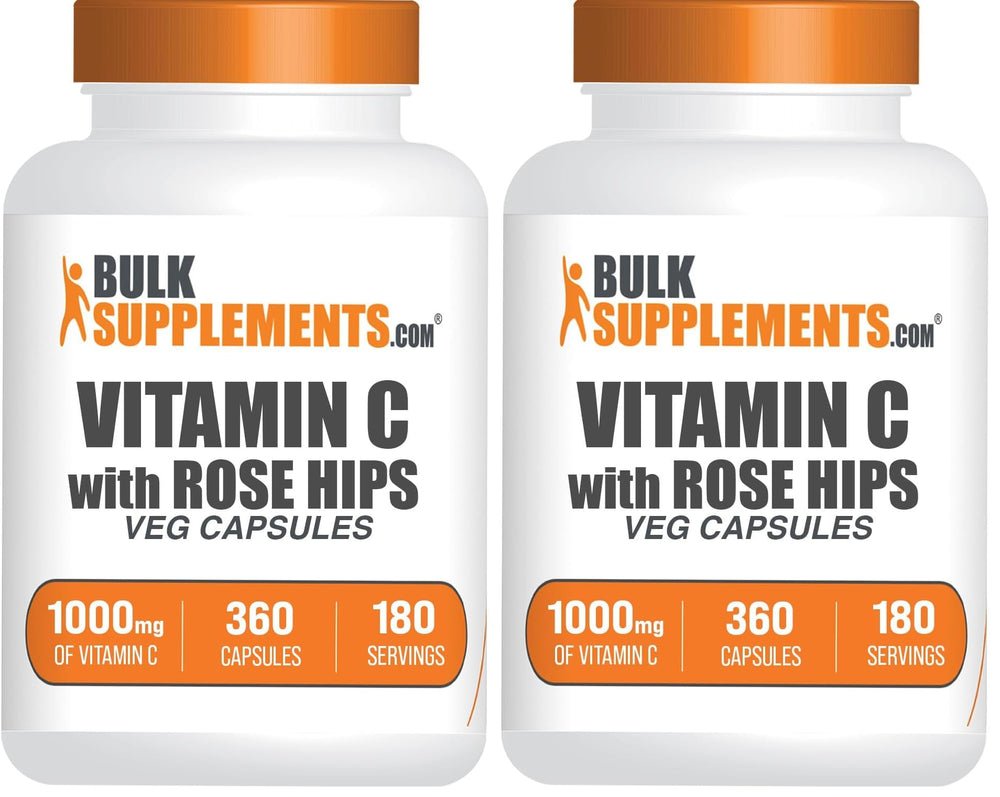 BulkSupplements Vitamin C with Rose HIPS bottle pour showing daily immune support potential