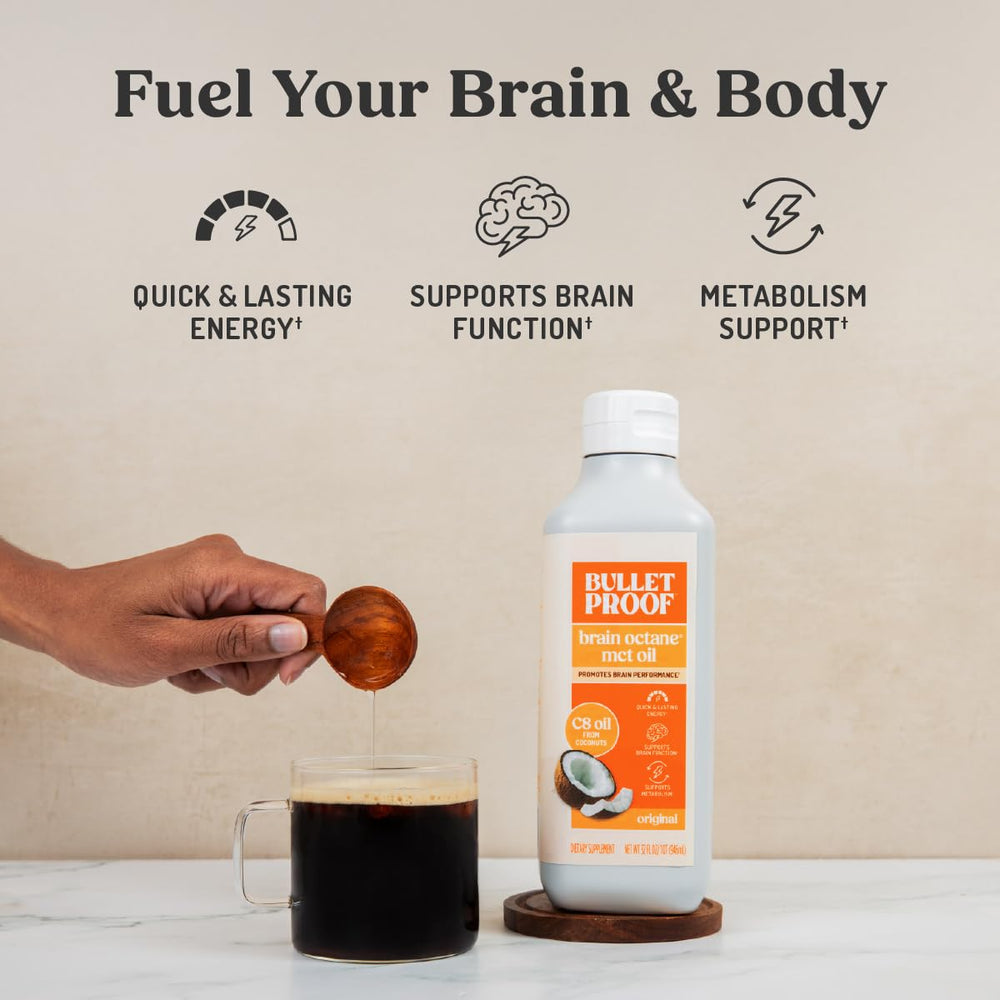 Bulletproof Brain Octane C8 MCT Oil bottle on white background