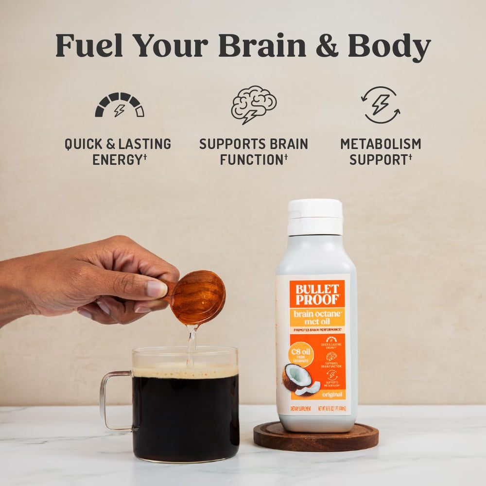 Bulletproof C8 MCT Oil added to smoothie for sustained energy.