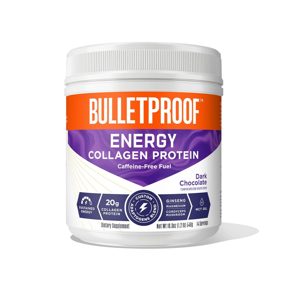 Bottle of Bulletproof Dark Chocolate Energy Collagen Protein