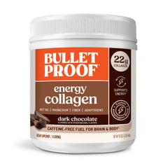 Bulletproof Dark Chocolate Energy Collagen Protein jar shows a smooth, rich chocolate presentation for daily energy