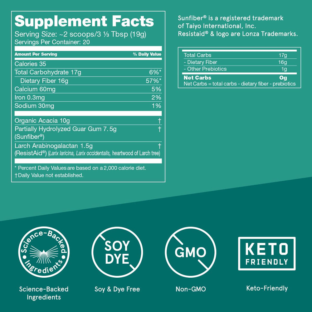 Label highlights: 17g prebiotics and sugar-free