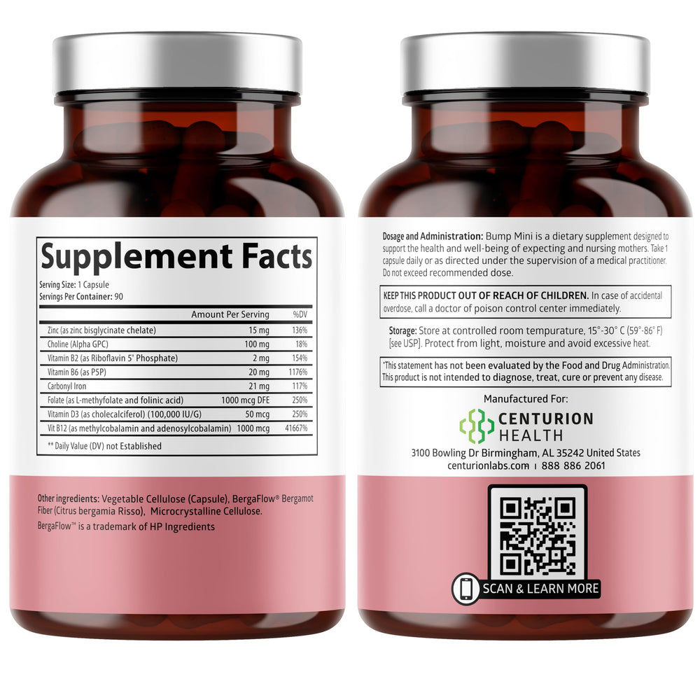 Close-up of Bump Mini prenatal vitamin capsules