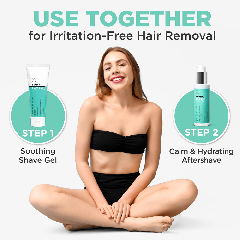 Bump Patrol aftershave being applied to bikini area for calm, comfortable skin