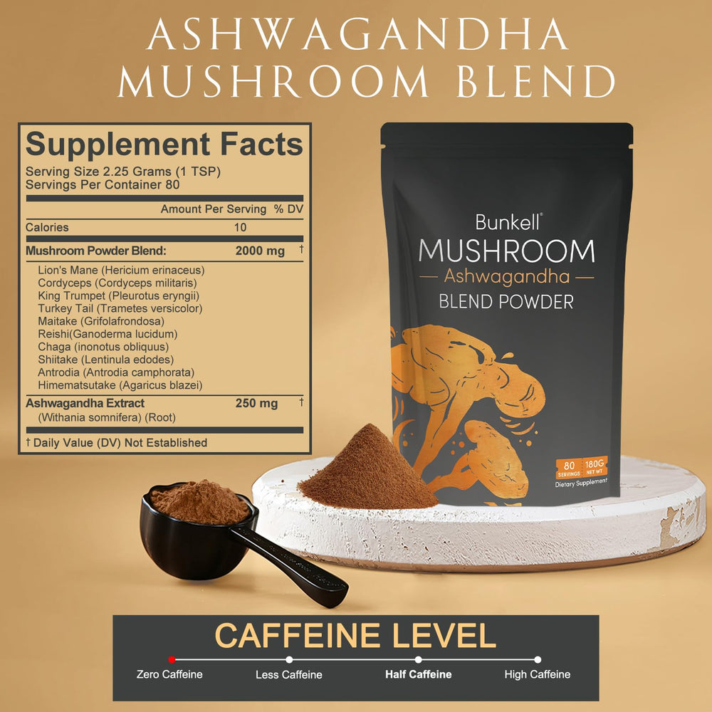 Close-up of ten-mushroom blend and ashwagandha ingredients
