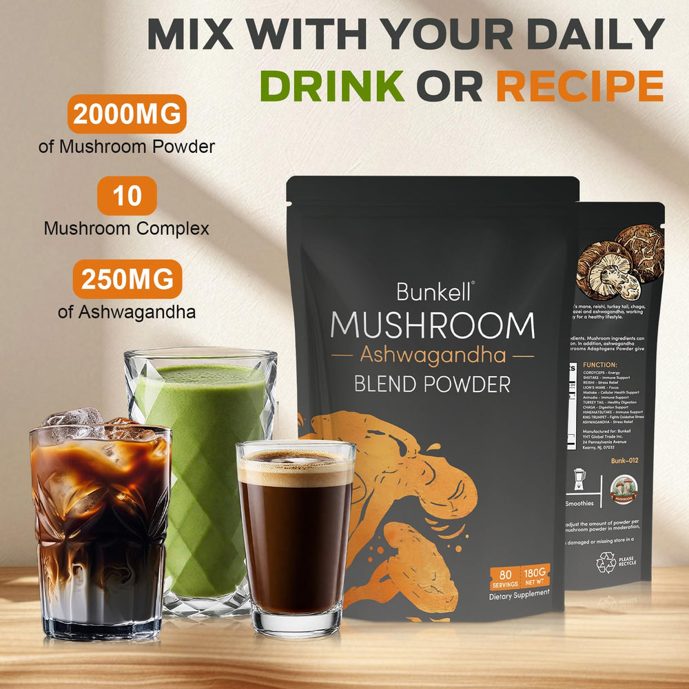 Product packaging and label of Bunkell Ashwagandha Mushroom Powder