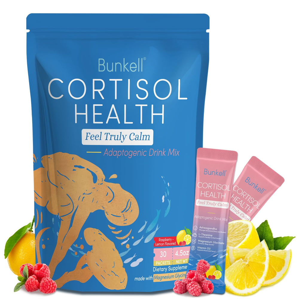 Bunkell Cortisol Powdered Drink Mix Raspberry Lemonade packaging box, 30 count