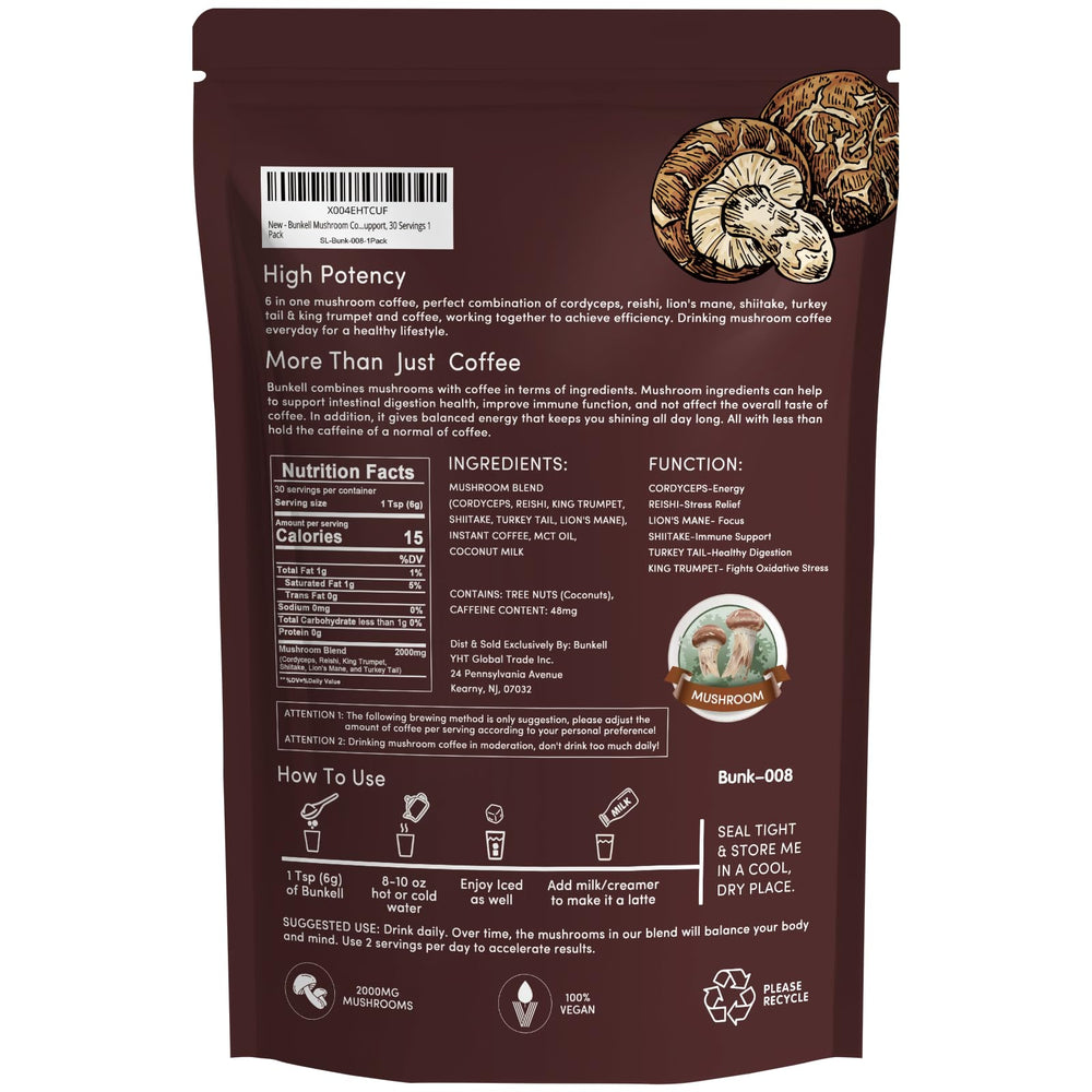 Lifestyle shot of Bunkell Mushroom Coffee product on a countertop