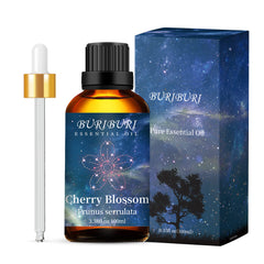 Amber glass bottle packaging for BURIBURI Cherry Blossom essential oil