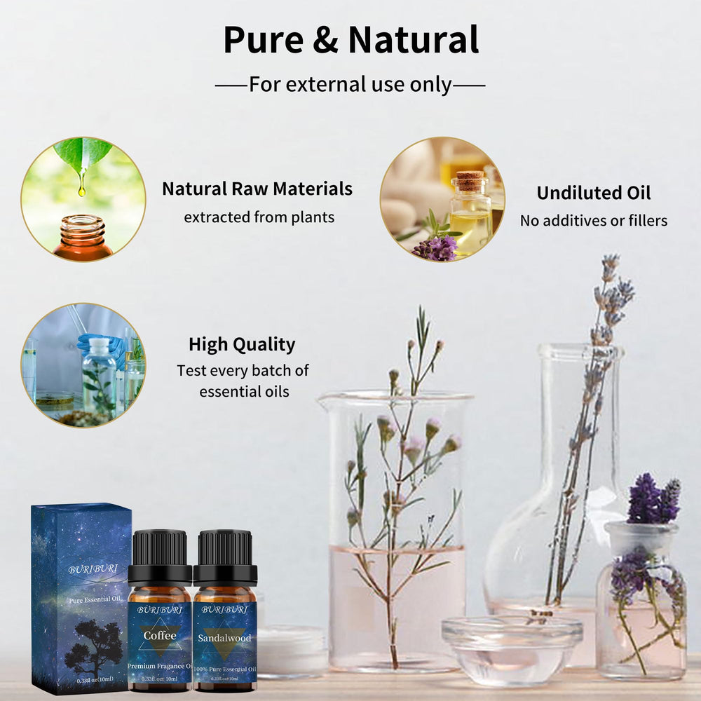 Set of BURIBURI essential oils in 10ml amber bottles (coffee & sandalwood)