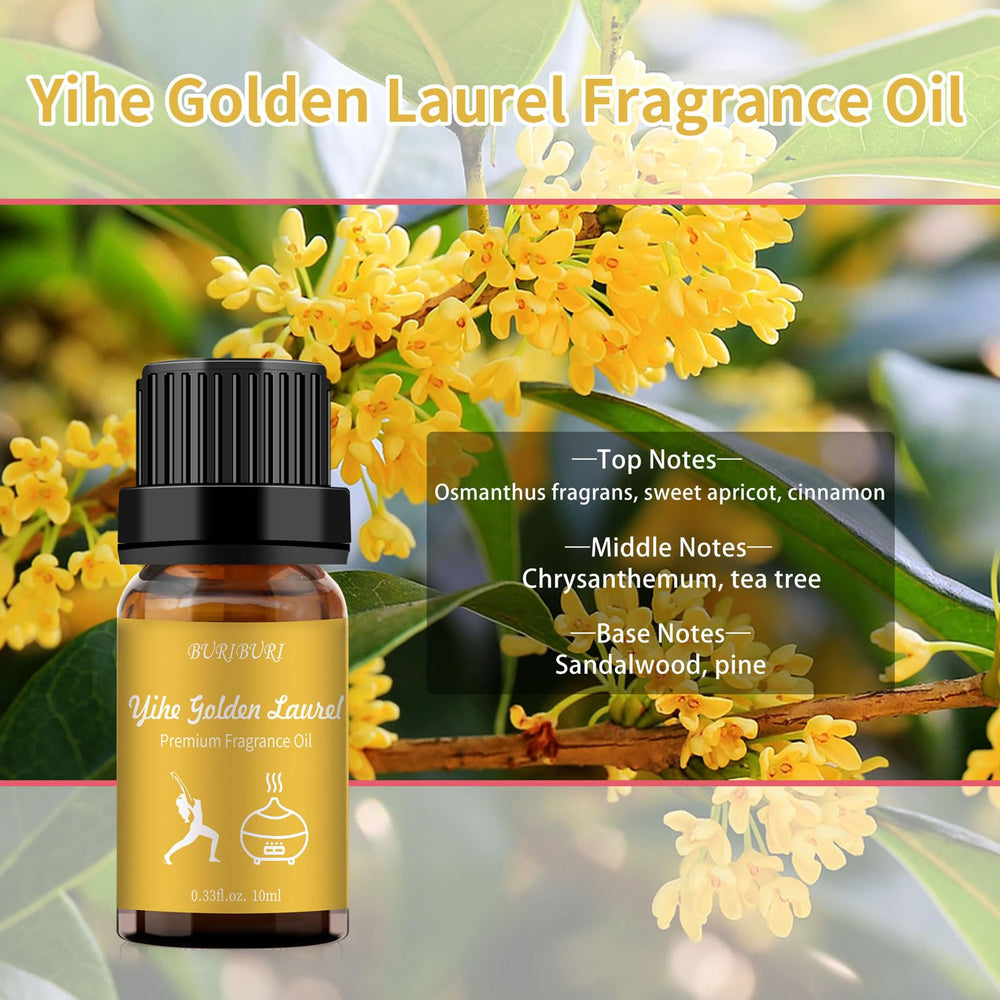 Close-up of BURIBURI essential oil bottle with Golden Laurel label